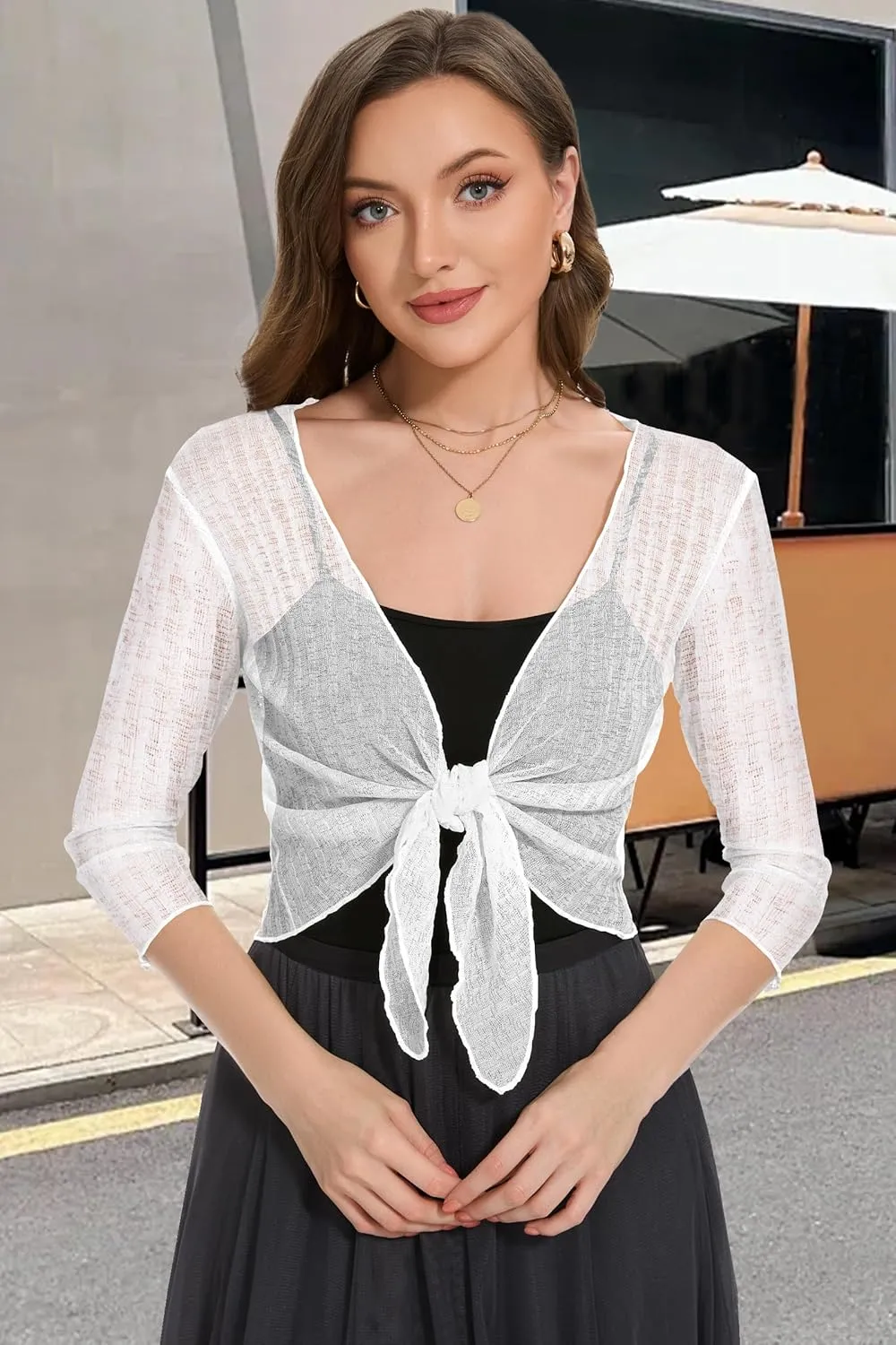 Women Crop Cardigan Sheer Mesh Bolero Shrug for Dress Tie Front 3/4 Sleeve Tops