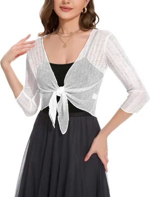 Women Crop Cardigan Sheer Mesh Bolero Shrug for Dress Tie Front 3/4 Sleeve Tops