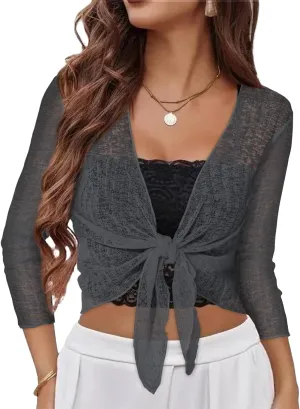 Women Crop Cardigan Sheer Mesh Bolero Shrug for Dress Tie Front 3/4 Sleeve Tops