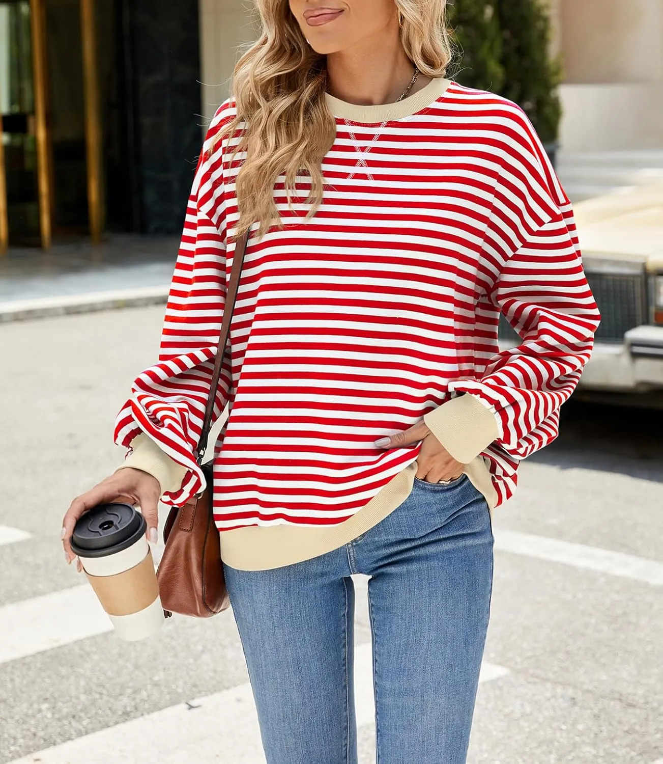 Women Oversized Striped Color Block Sweatshirt Crew Neck Long Sleeve Casual Loose Pullover Y2K Shirt Top