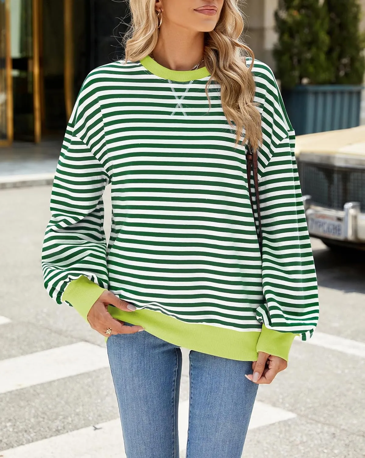 Women Oversized Striped Color Block Sweatshirt Crew Neck Long Sleeve Casual Loose Pullover Y2K Shirt Top