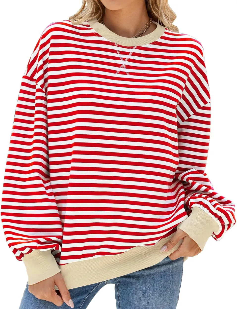 Women Oversized Striped Color Block Sweatshirt Crew Neck Long Sleeve Casual Loose Pullover Y2K Shirt Top