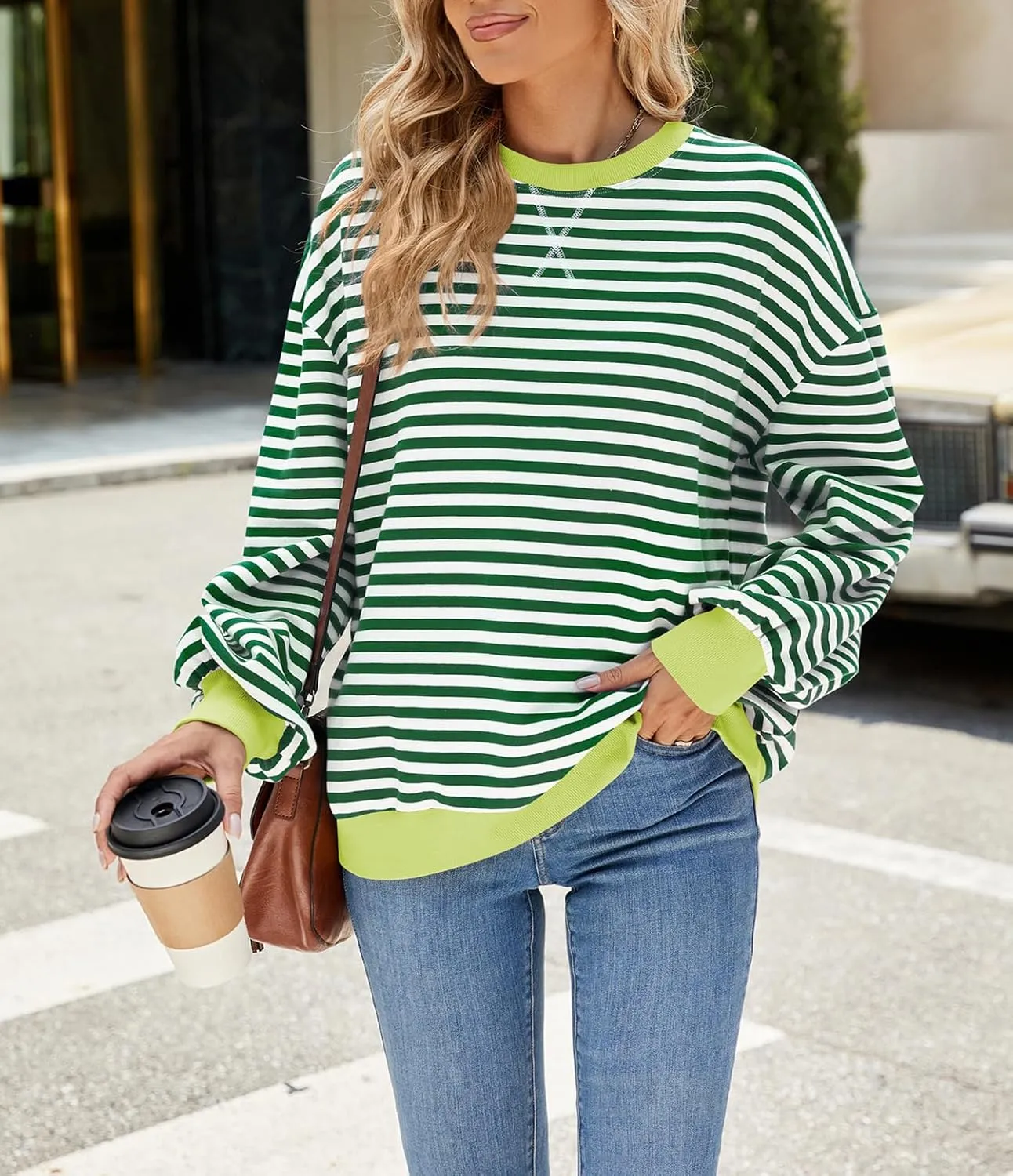 Women Oversized Striped Color Block Sweatshirt Crew Neck Long Sleeve Casual Loose Pullover Y2K Shirt Top