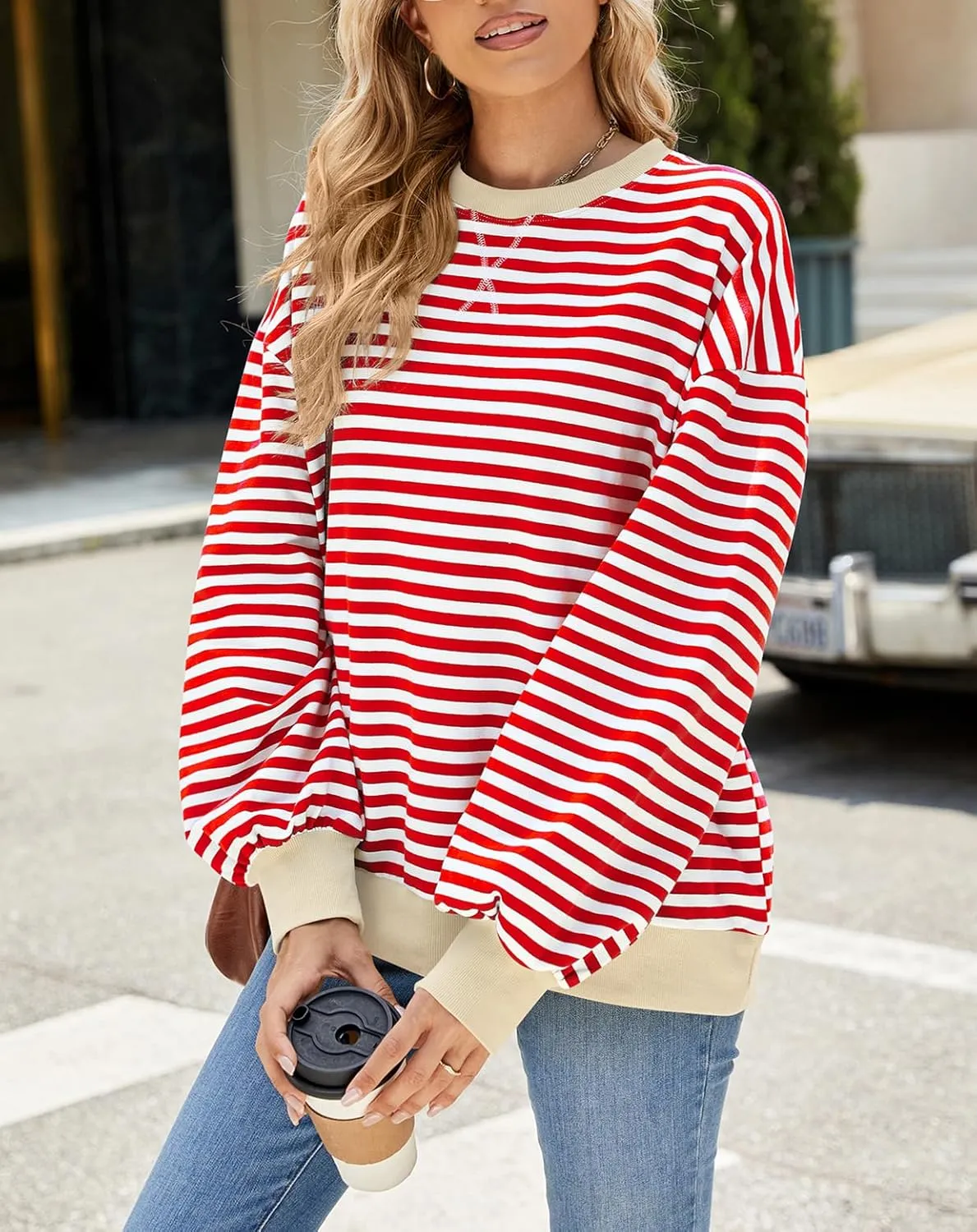 Women Oversized Striped Color Block Sweatshirt Crew Neck Long Sleeve Casual Loose Pullover Y2K Shirt Top