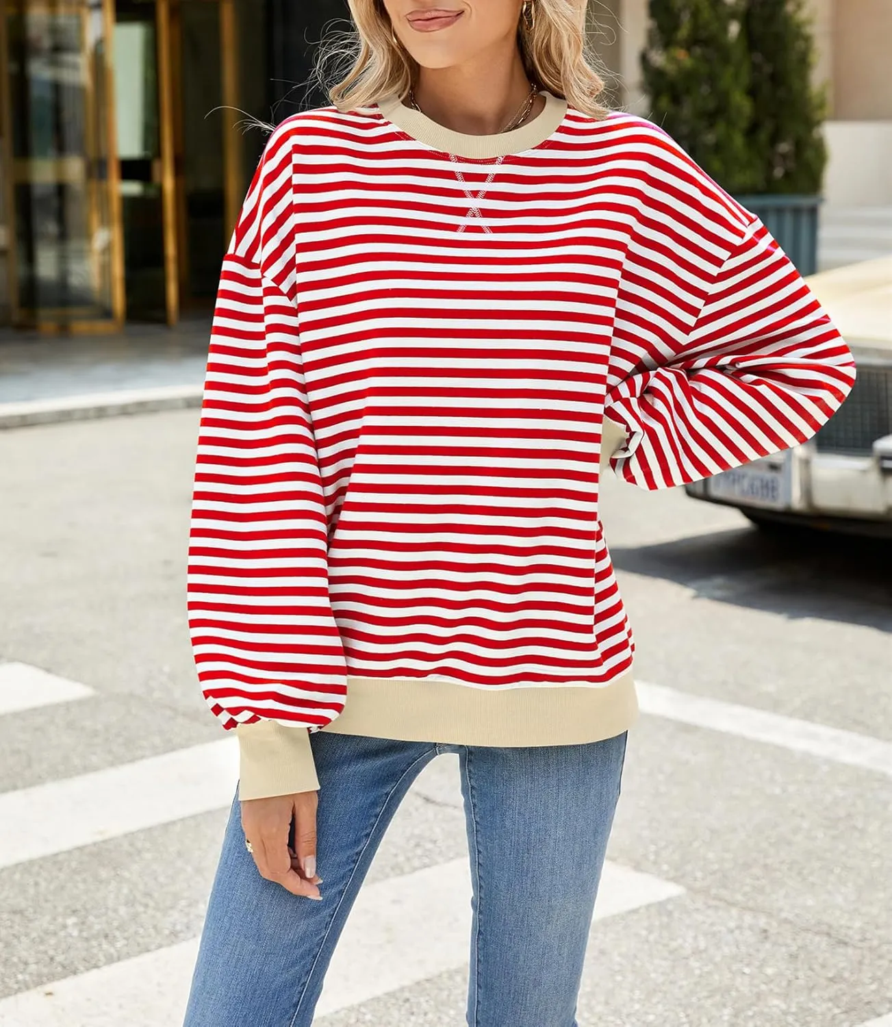 Women Oversized Striped Color Block Sweatshirt Crew Neck Long Sleeve Casual Loose Pullover Y2K Shirt Top