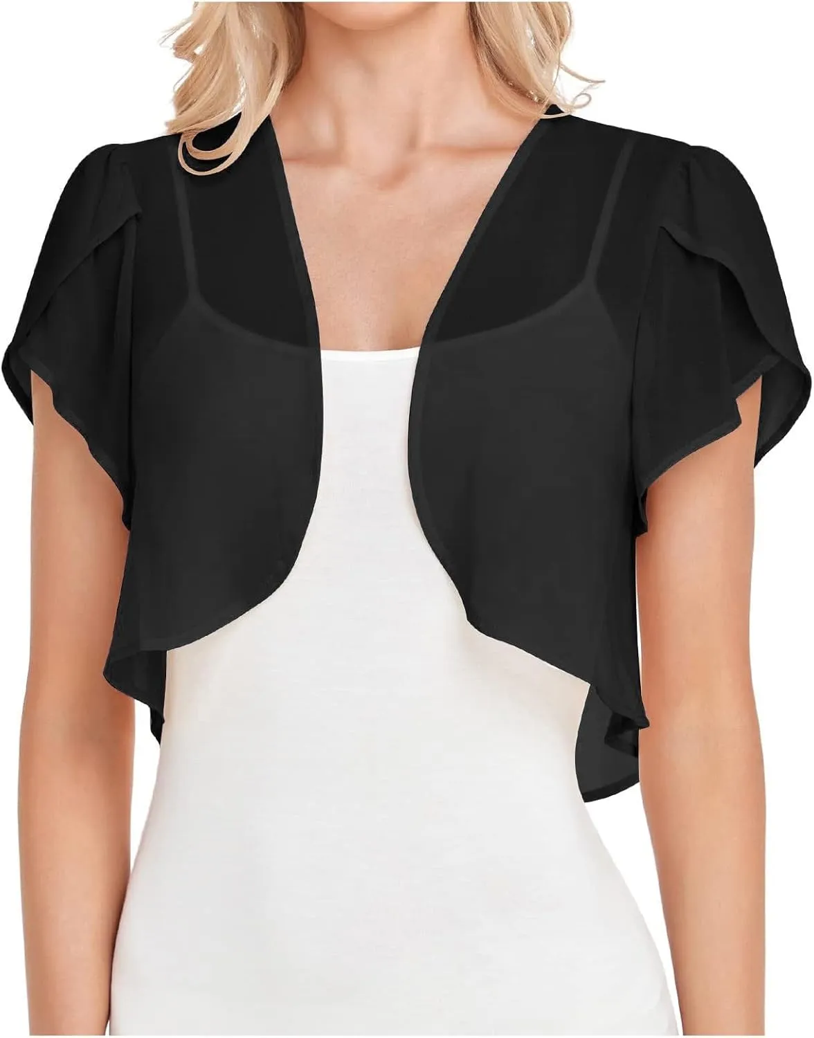 Women Short Sleeve Shrug Cropped Bolero Open Front Chiffon Cardigan