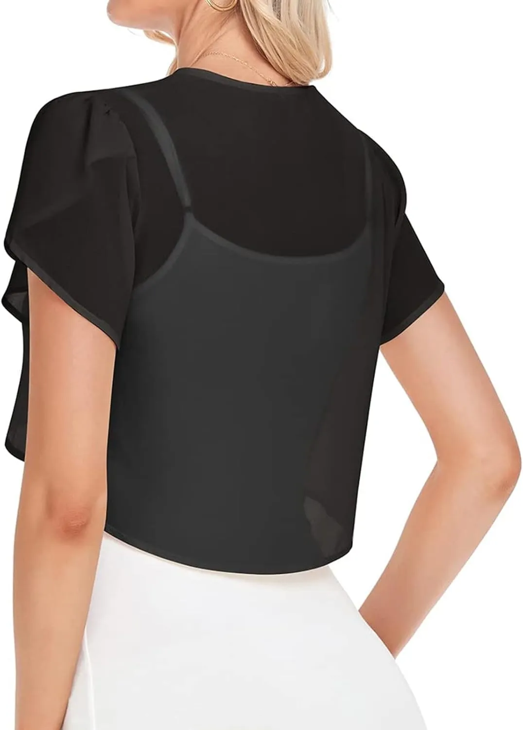 Women Short Sleeve Shrug Cropped Bolero Open Front Chiffon Cardigan