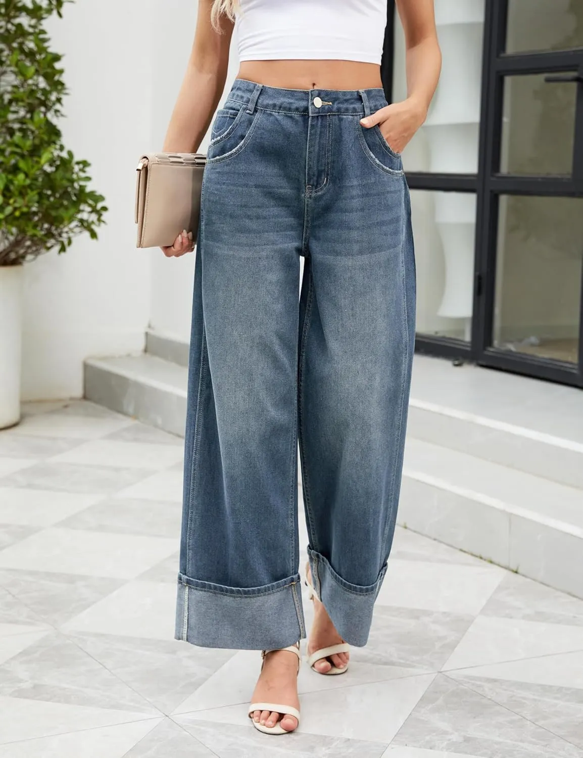 Women Womens Flare Jeans High Waisted Wide Leg Bell Bottom Jeans Loose Baggy Jeans Denim Pants