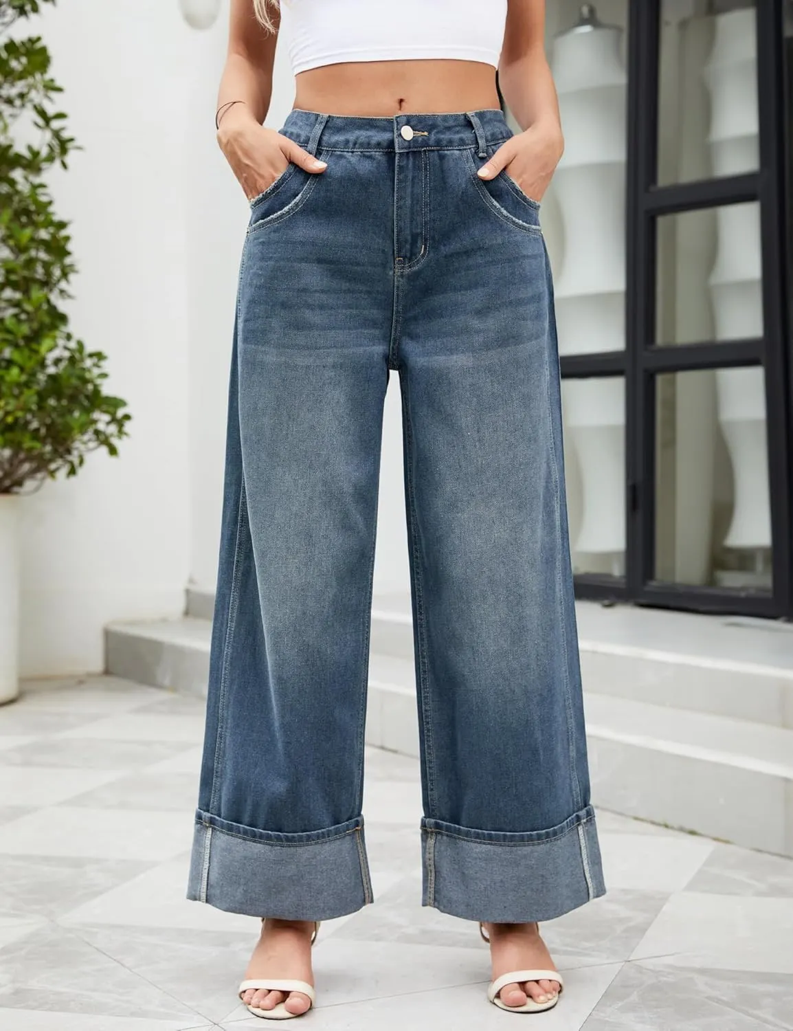 Women Womens Flare Jeans High Waisted Wide Leg Bell Bottom Jeans Loose Baggy Jeans Denim Pants