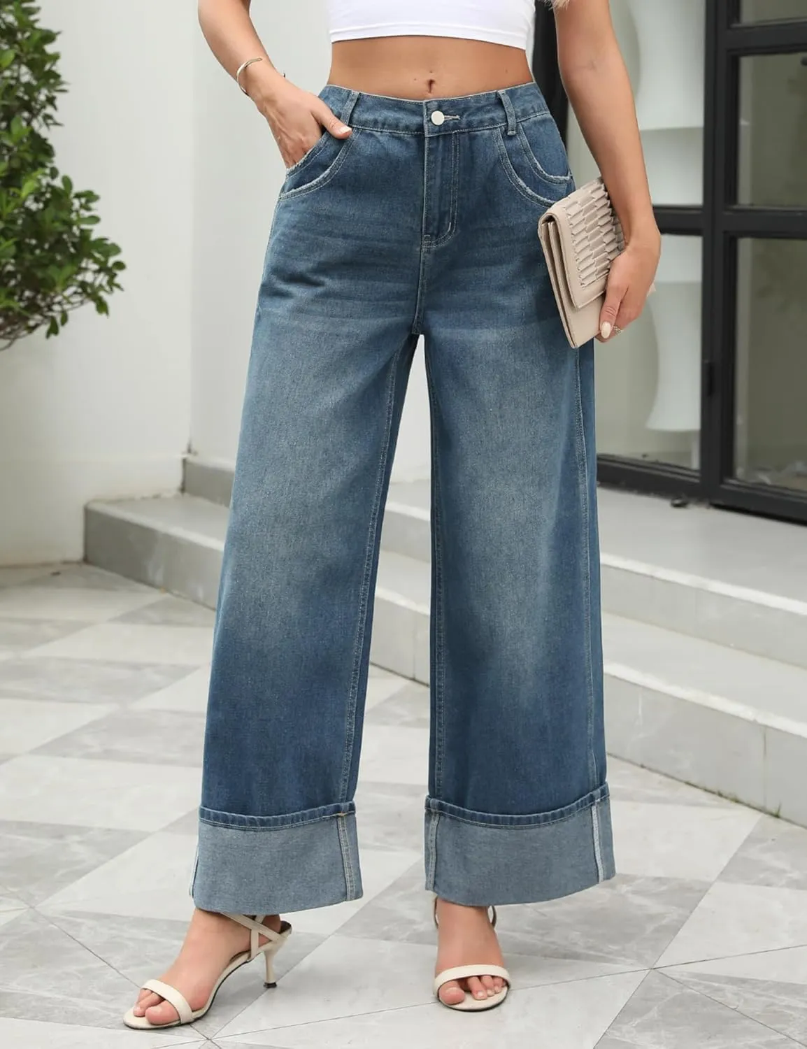 Women Womens Flare Jeans High Waisted Wide Leg Bell Bottom Jeans Loose Baggy Jeans Denim Pants