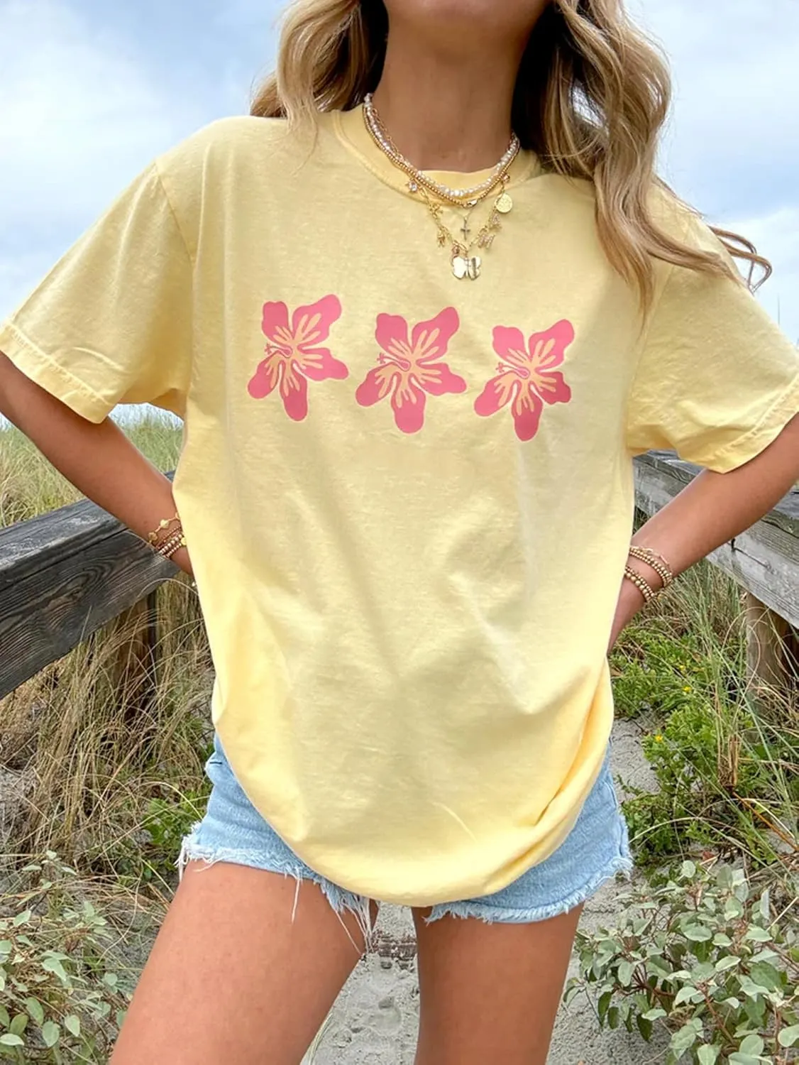 Women Y2k Oversized Graphic Tees Floral Ocean Print Short Sleeve Crewneck Tshirts Teen Girls Aesthetic Streetwear