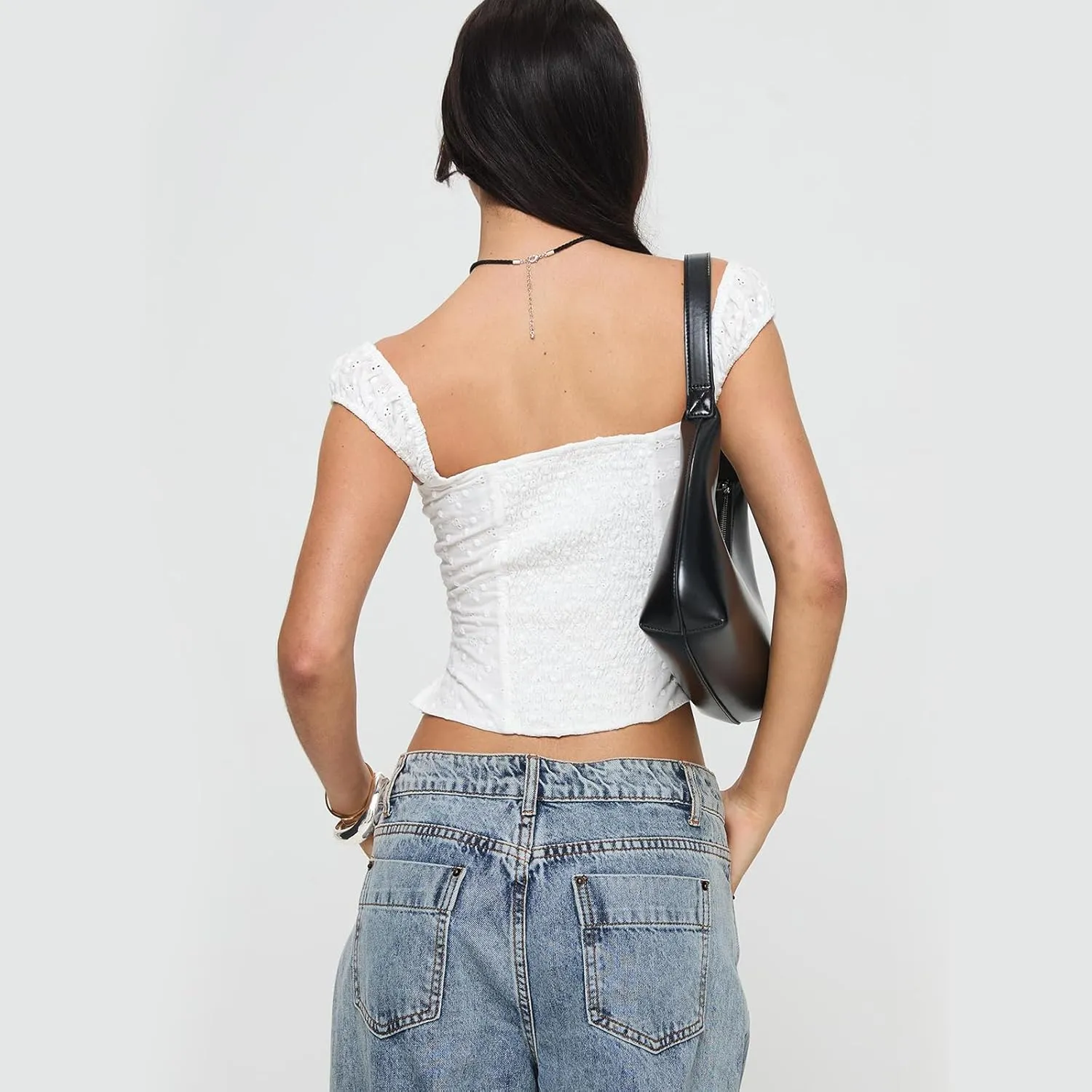 Women Y2k Sleeveless Crop Top Square Neck Ruffle Sleeveless Eyelet Slim Fit Ruched Vest Solid Basic Tees