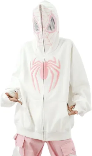 Women Y2K Spider Web Zip Up Hoodies Oversized Vintage Style Streetwear for Teen Girls Long Sleeve Couple Sweatshirt