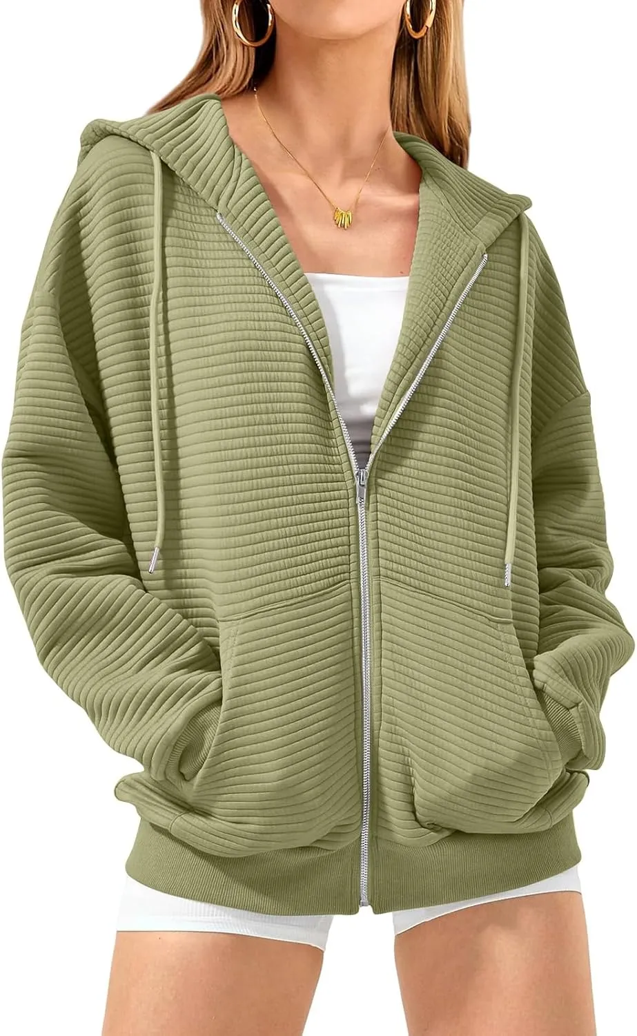 Women Zip Up Hoodie Long Sleeve Hooded Oversized Sweatshirts Y2K Jacket with Pockets Casual Drawstring Fall Coat
