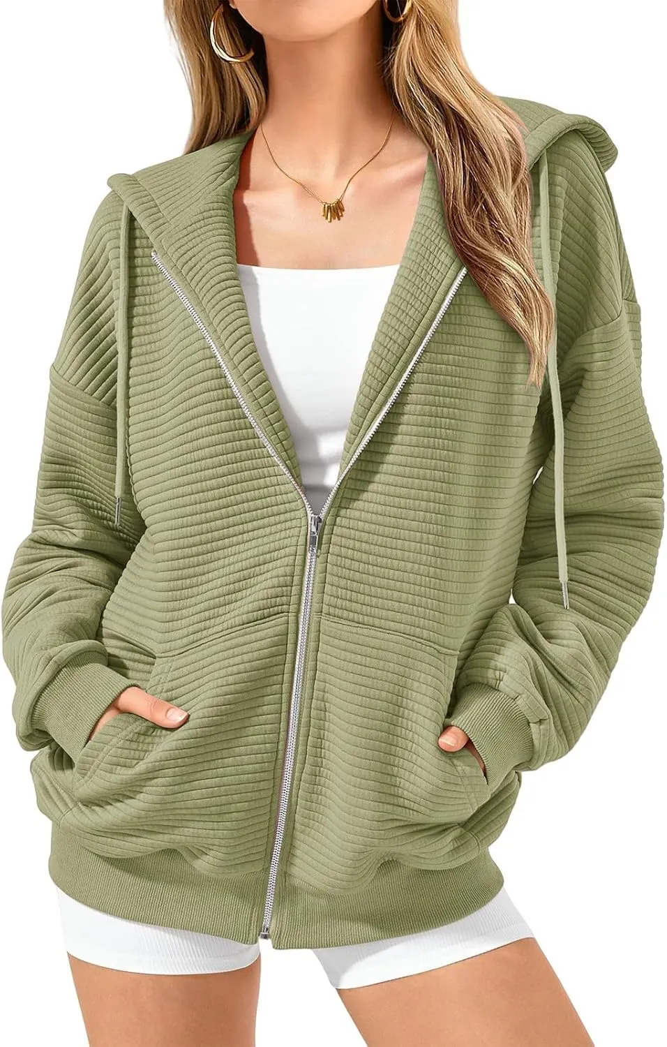 Women Zip Up Hoodie Long Sleeve Hooded Oversized Sweatshirts Y2K Jacket with Pockets Casual Drawstring Fall Coat