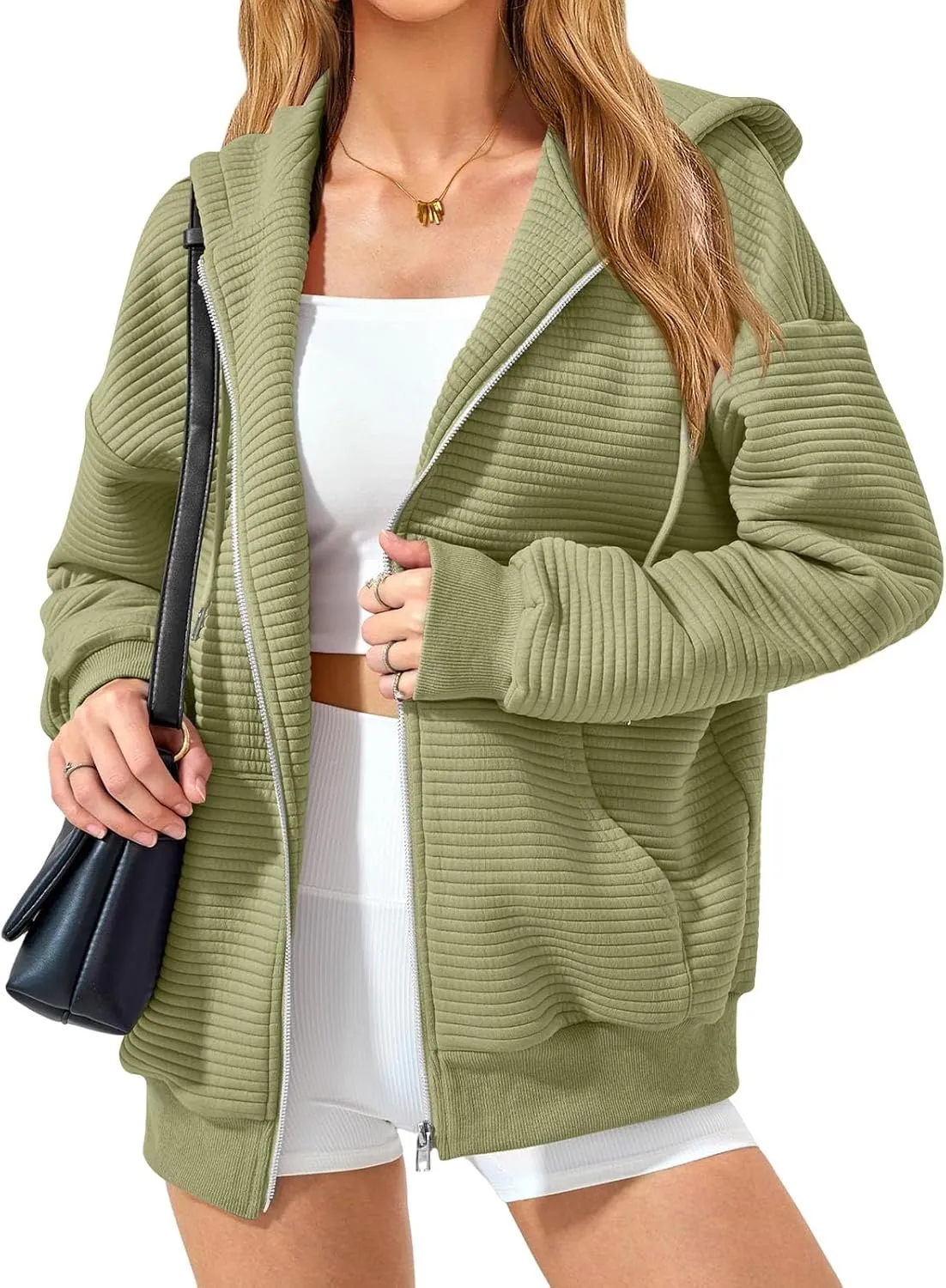 Women Zip Up Hoodie Long Sleeve Hooded Oversized Sweatshirts Y2K Jacket with Pockets Casual Drawstring Fall Coat
