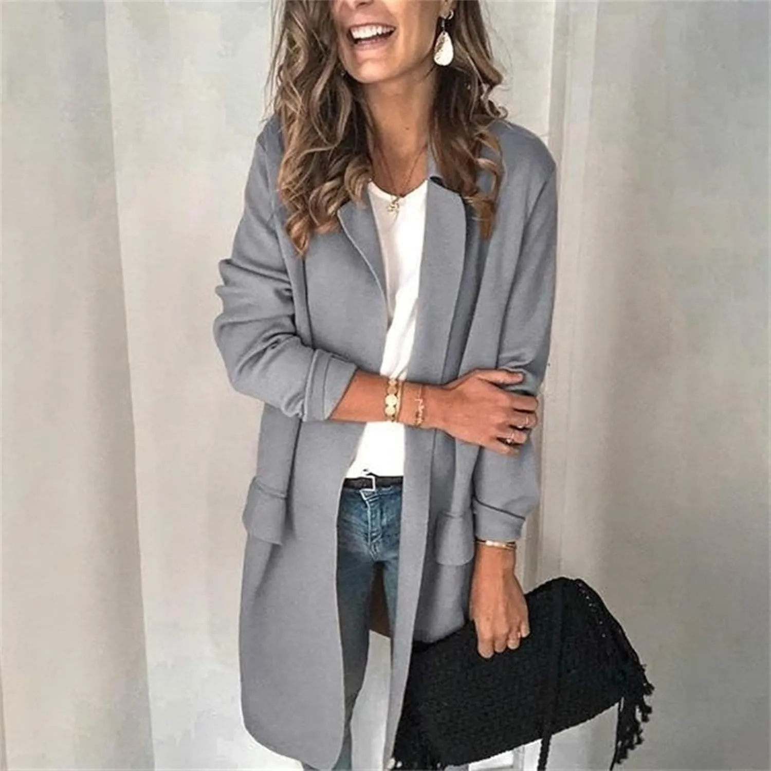 Womens 2023 Long Blazers Casual Open Front Jackets Long Sleeve Lightweight Work Office Jackets Blazer with Pockets