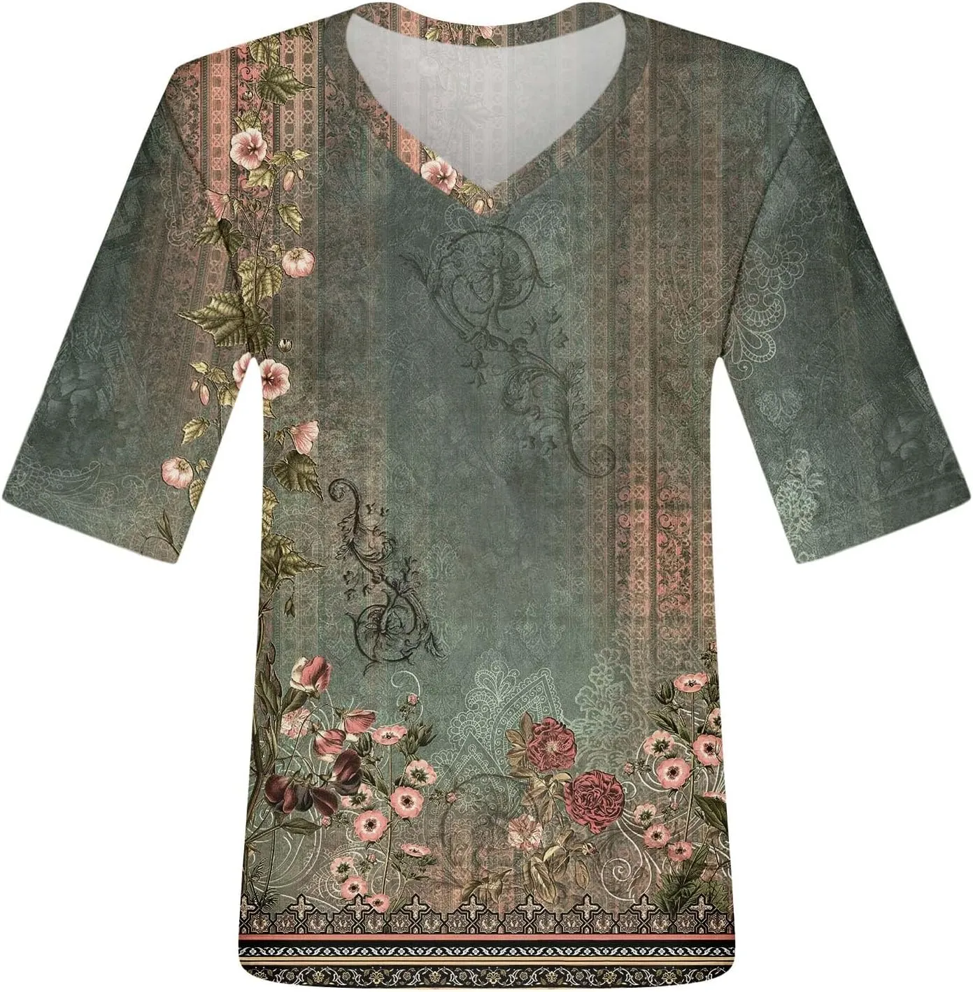 Womens 2024 Summer Half Sleeve Tops Casual V Neck Summer Shirts Loose Fit Elbow Length Sleeve Blouses