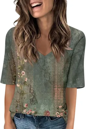 Womens 2024 Summer Half Sleeve Tops Casual V Neck Summer Shirts Loose Fit Elbow Length Sleeve Blouses
