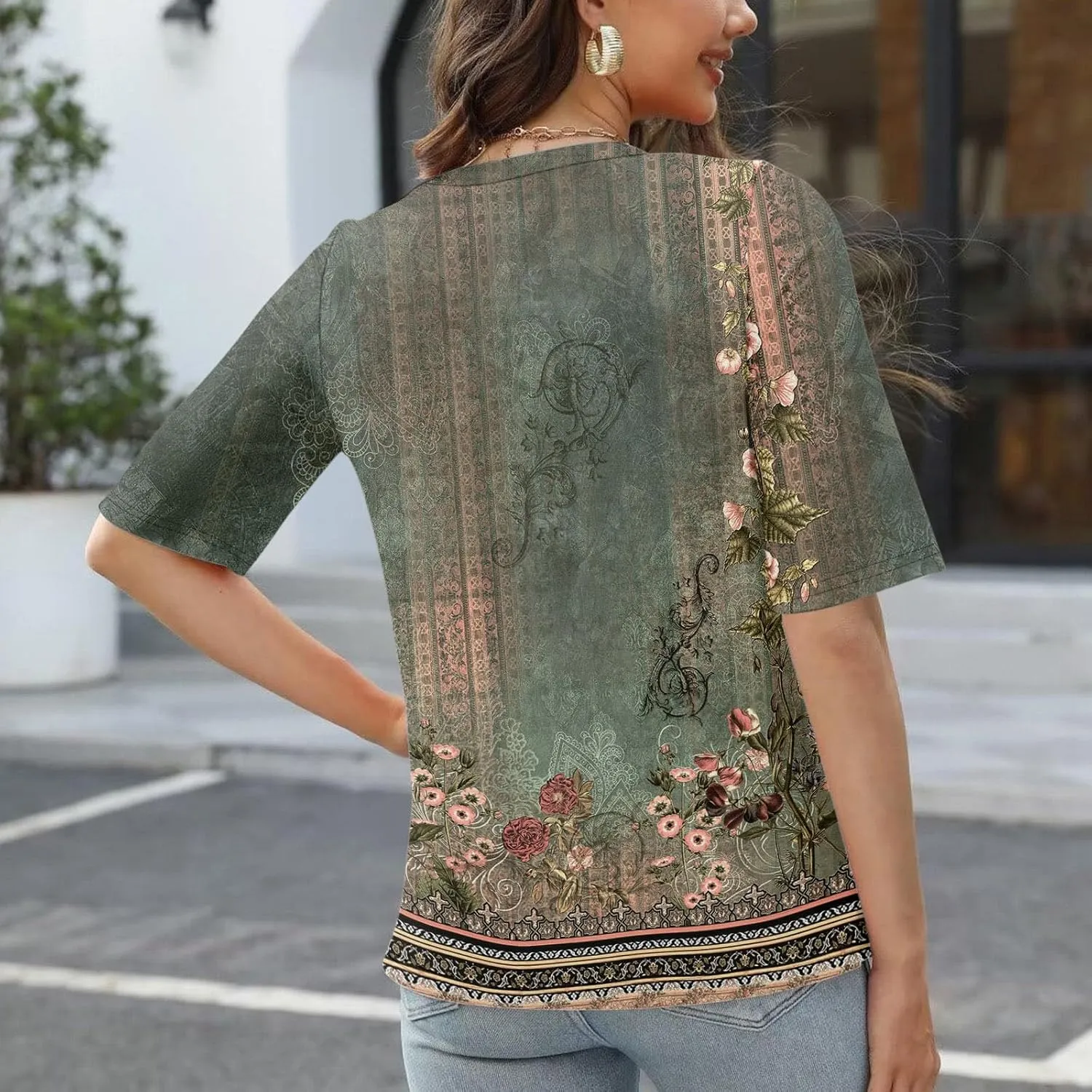 Womens 2024 Summer Half Sleeve Tops Casual V Neck Summer Shirts Loose Fit Elbow Length Sleeve Blouses