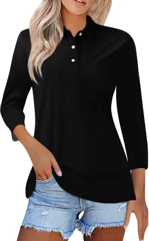Womens 3/4 Sleeve Polo Shirts 2024 Fall Dressy Button Down Collared Blouses Solid Tunic Tops for Work Golf