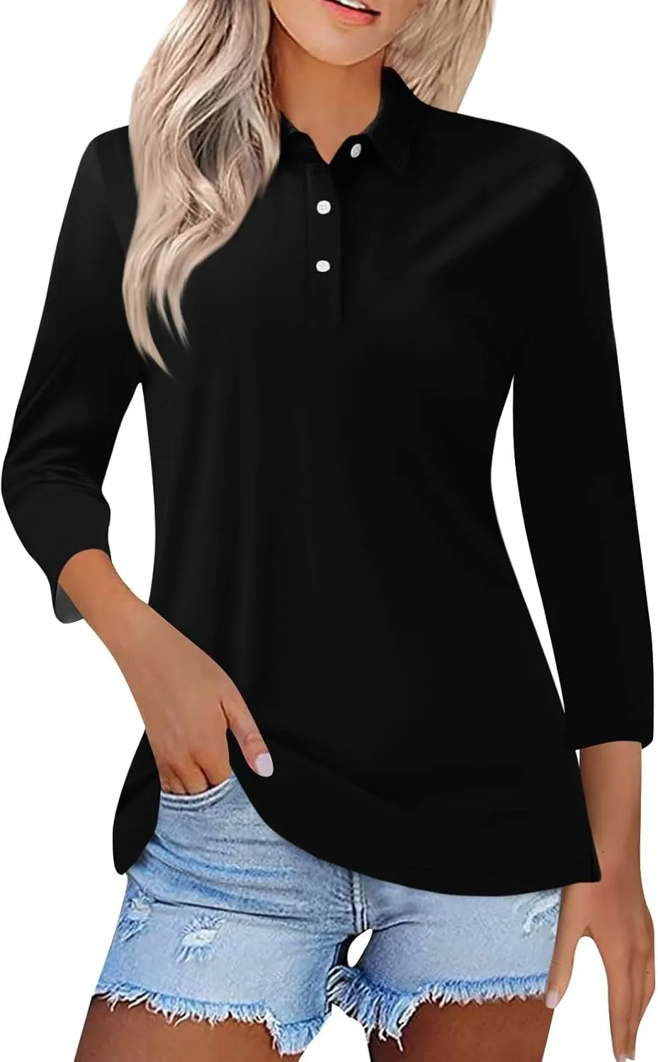 Womens 3/4 Sleeve Polo Shirts 2024 Fall Dressy Button Down Collared Blouses Solid Tunic Tops for Work Golf