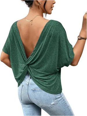 Women's Backless Twist Knot T Shirt Oversized Solid Short Sleeve Tees Open Back Asymmetrical Hem Casual Tops
