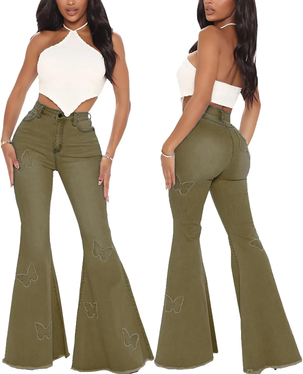 Women's Bell Bottom Jeans Classic Destoryed Ripped Flare Jeans Elastic Waist Raw Hem Denim Pants