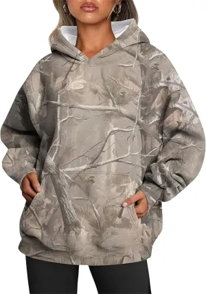 Womens Camo Hoodie Maple Leaf Print Hoodie Cute Oversized Graphic Hoodies Fleece Pullover Sweatshirt Fall Clothes