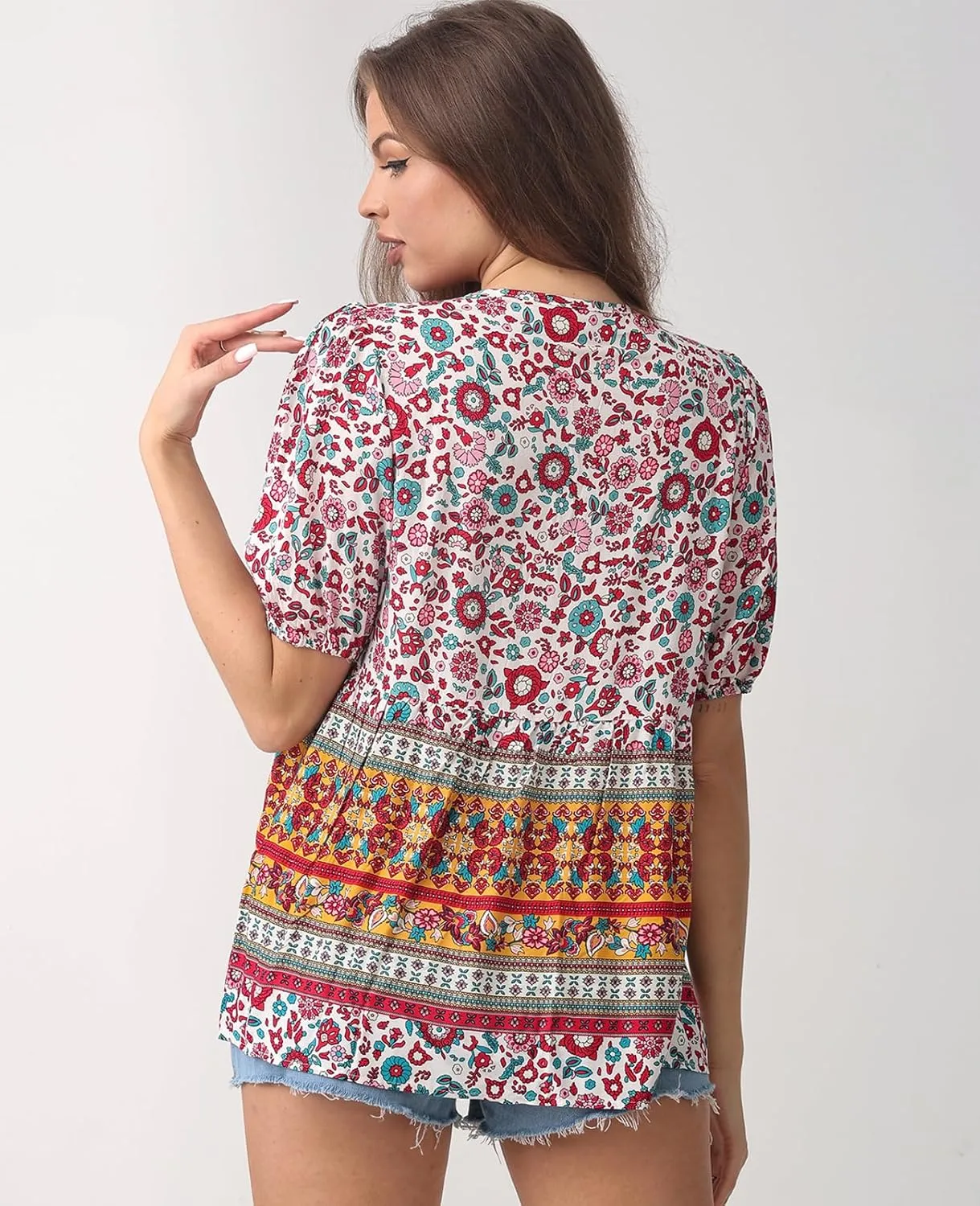 Women's Casual Floral Print V Neck Top Loose Boho Short Sleeve Beach Shirts Blouses