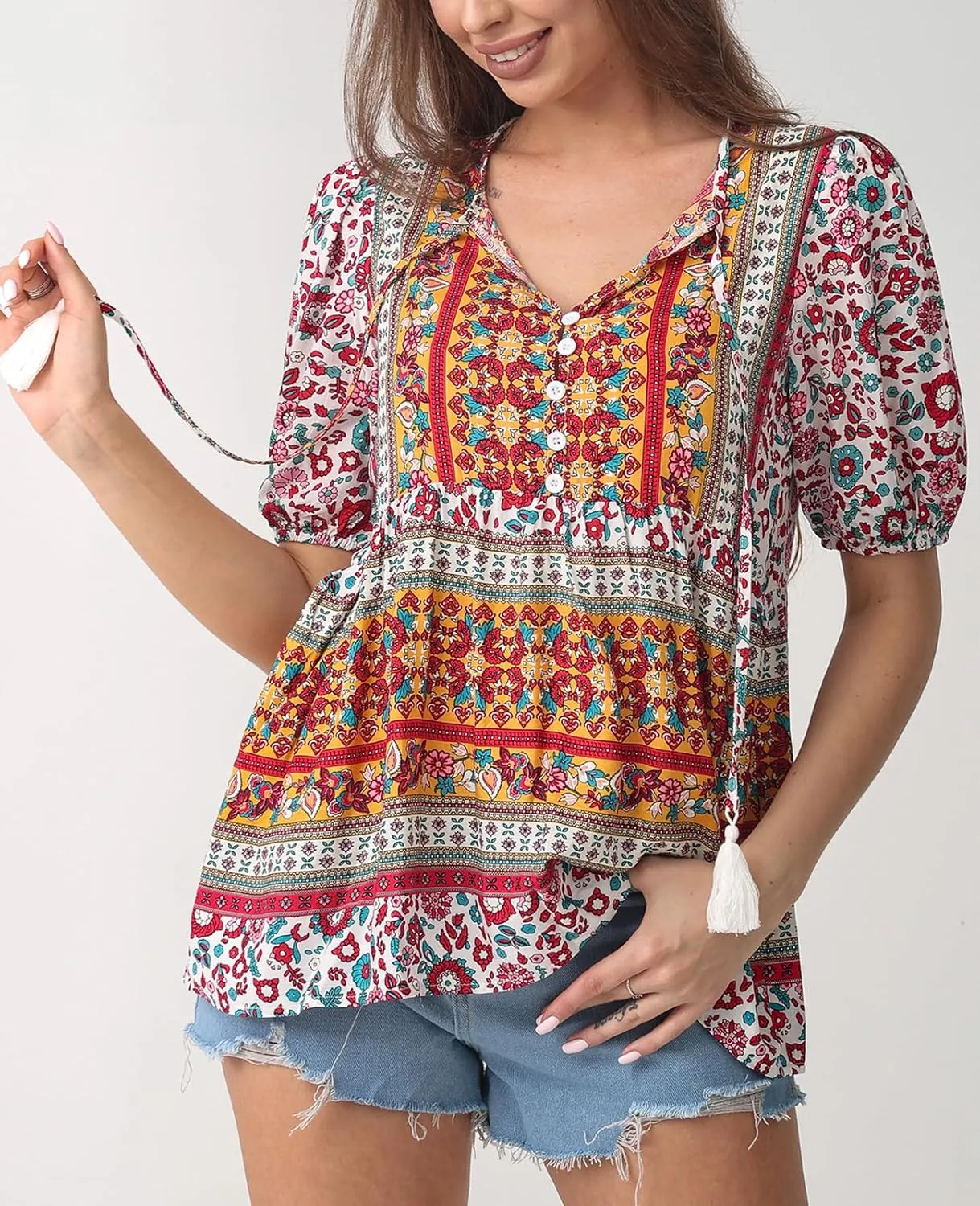 Women's Casual Floral Print V Neck Top Loose Boho Short Sleeve Beach Shirts Blouses