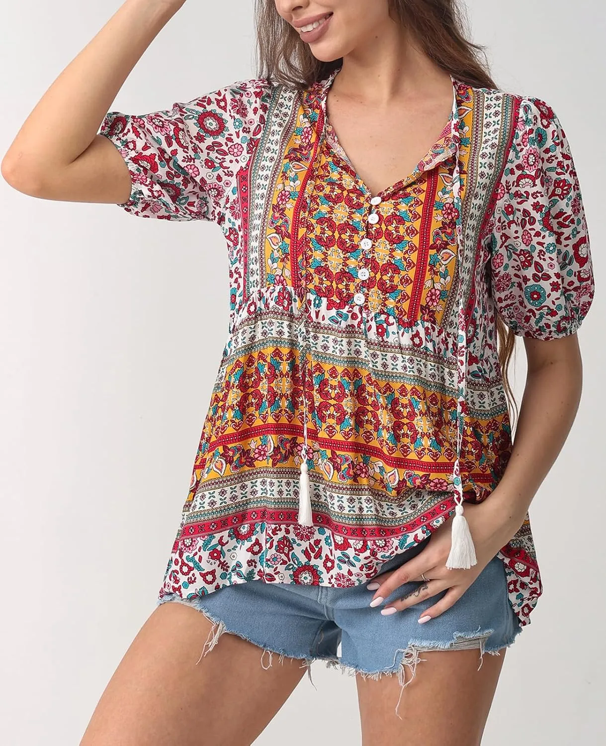 Women's Casual Floral Print V Neck Top Loose Boho Short Sleeve Beach Shirts Blouses