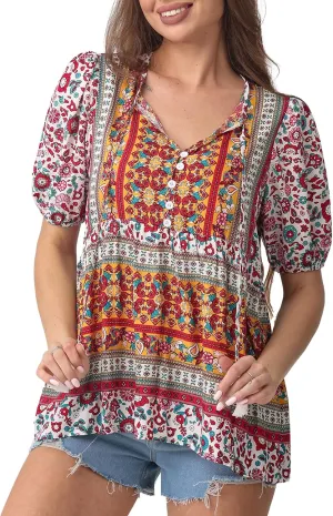 Women's Casual Floral Print V Neck Top Loose Boho Short Sleeve Beach Shirts Blouses