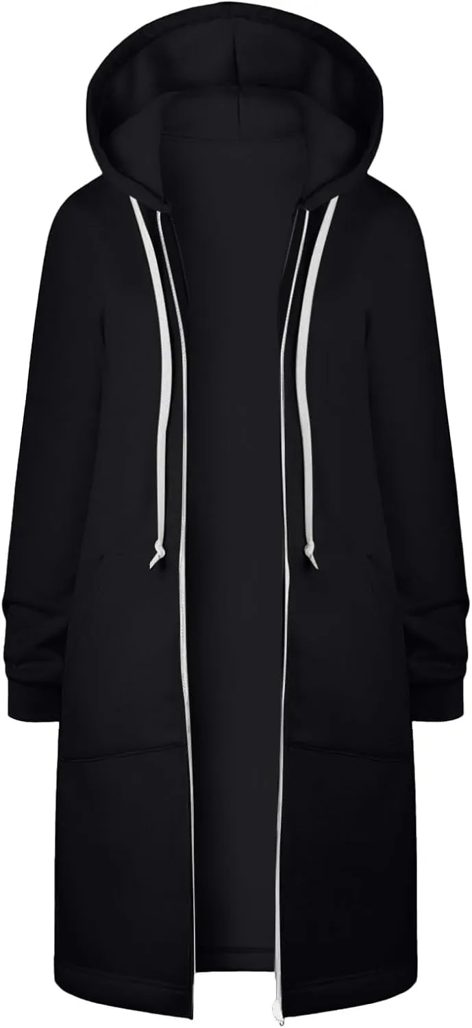 Womens Casual Zip Up Hoodies Fleece Tunic Long Sweatshirts Fall Winter Windproof Hooded Jacket Outerwear with Pockets