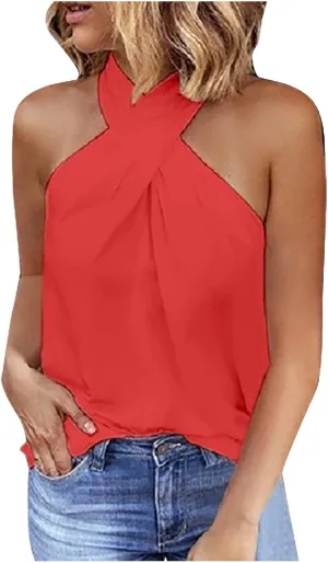 Womens Criss Cross Halter Tops Summer Sleeveless Sexy Casual Lightweight Tank Top Backless Trendy Blouse