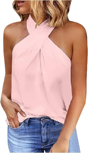 Womens Criss Cross Halter Tops Summer Sleeveless Sexy Casual Lightweight Tank Top Backless Trendy Blouse