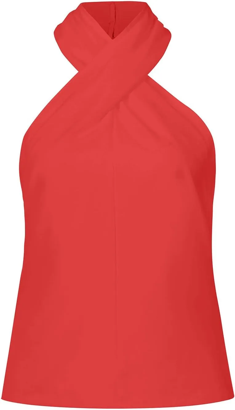 Womens Criss Cross Halter Tops Summer Sleeveless Sexy Casual Lightweight Tank Top Backless Trendy Blouse
