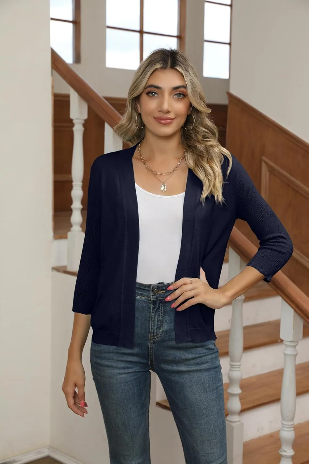 Women's Cropped Cardigans Shrugs for Dresses 3/4 Sleeve Lightweight Hollow Out Crochet Knit Sweater Tops