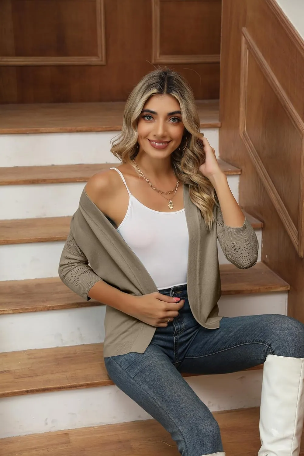 Women's Cropped Cardigans Shrugs for Dresses 3/4 Sleeve Lightweight Hollow Out Crochet Knit Sweater Tops