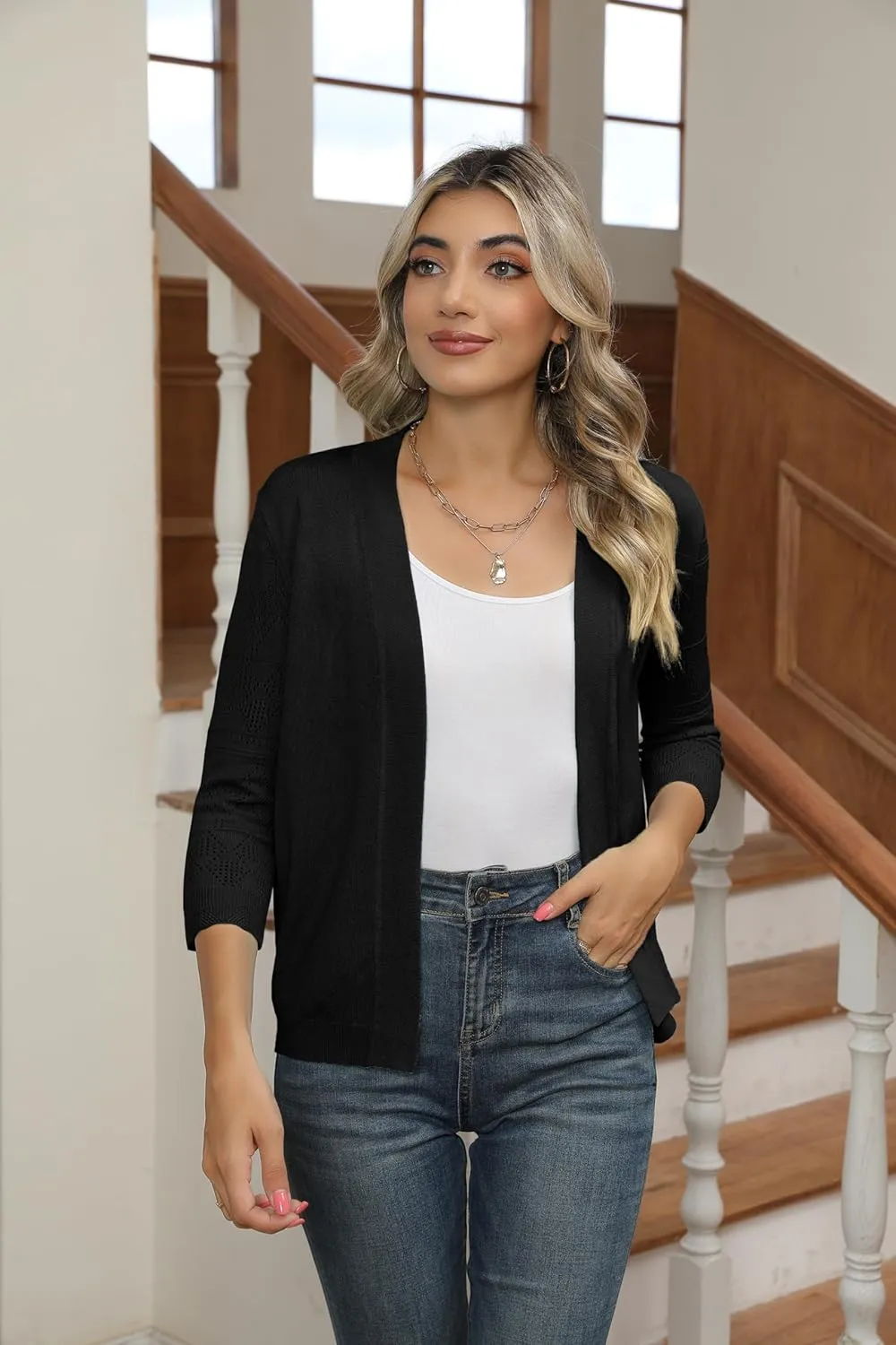 Women's Cropped Cardigans Shrugs for Dresses 3/4 Sleeve Lightweight Hollow Out Crochet Knit Sweater Tops