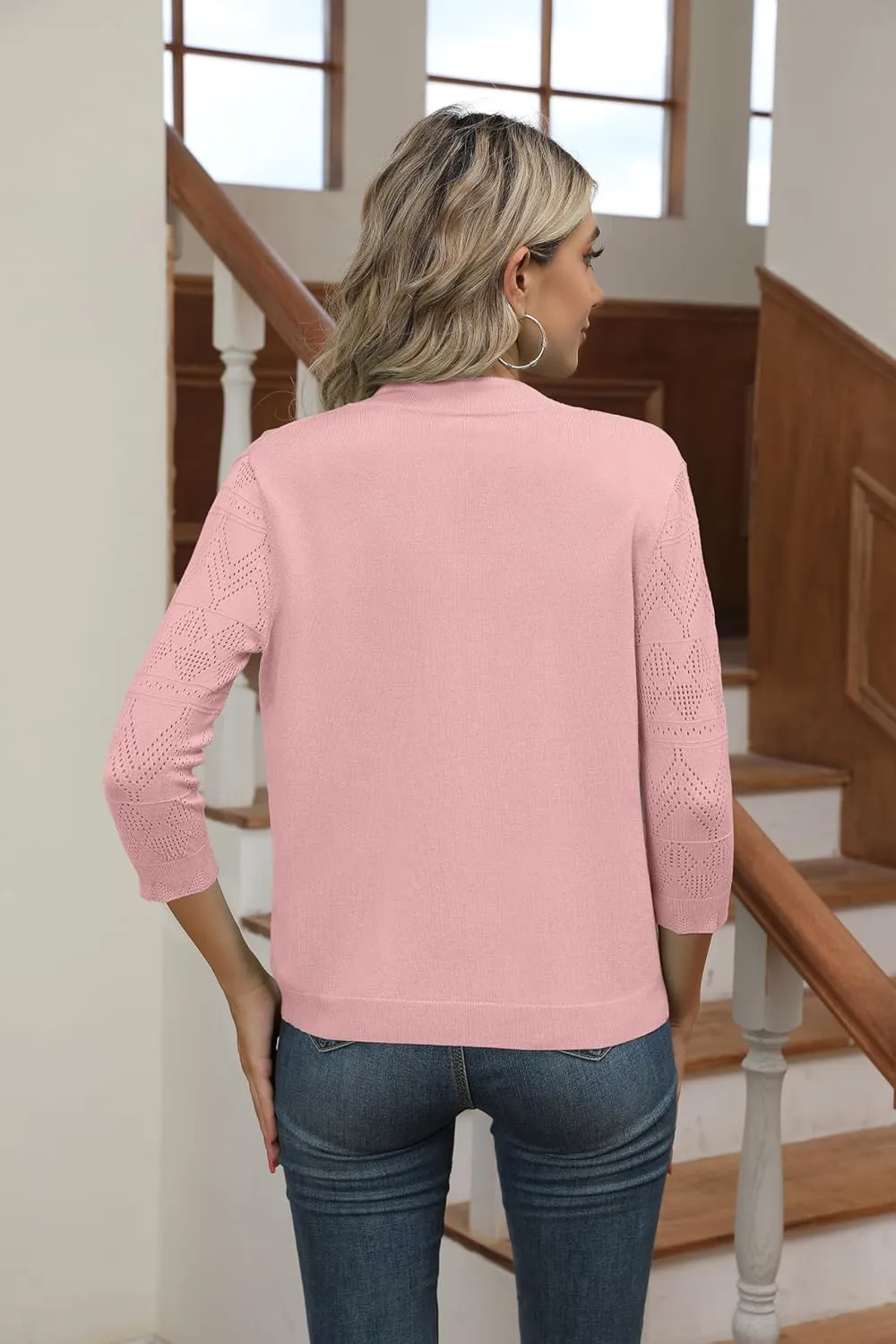 Women's Cropped Cardigans Shrugs for Dresses 3/4 Sleeve Lightweight Hollow Out Crochet Knit Sweater Tops