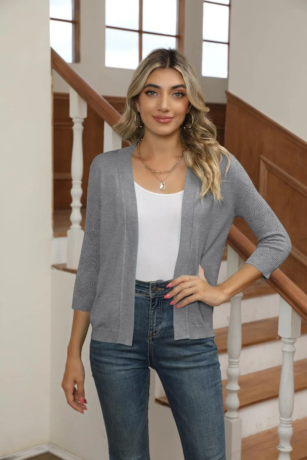 Women's Cropped Cardigans Shrugs for Dresses 3/4 Sleeve Lightweight Hollow Out Crochet Knit Sweater Tops