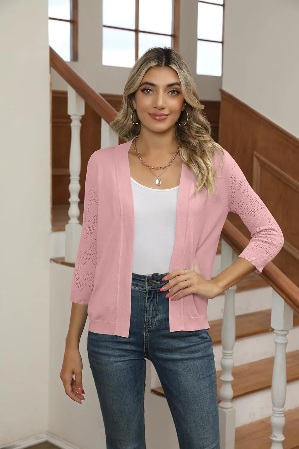 Women's Cropped Cardigans Shrugs for Dresses 3/4 Sleeve Lightweight Hollow Out Crochet Knit Sweater Tops