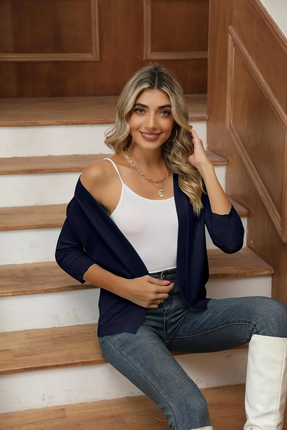 Women's Cropped Cardigans Shrugs for Dresses 3/4 Sleeve Lightweight Hollow Out Crochet Knit Sweater Tops