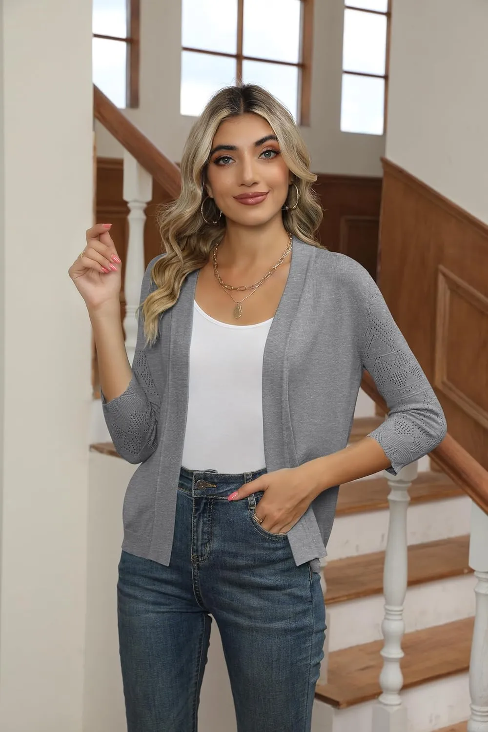 Women's Cropped Cardigans Shrugs for Dresses 3/4 Sleeve Lightweight Hollow Out Crochet Knit Sweater Tops