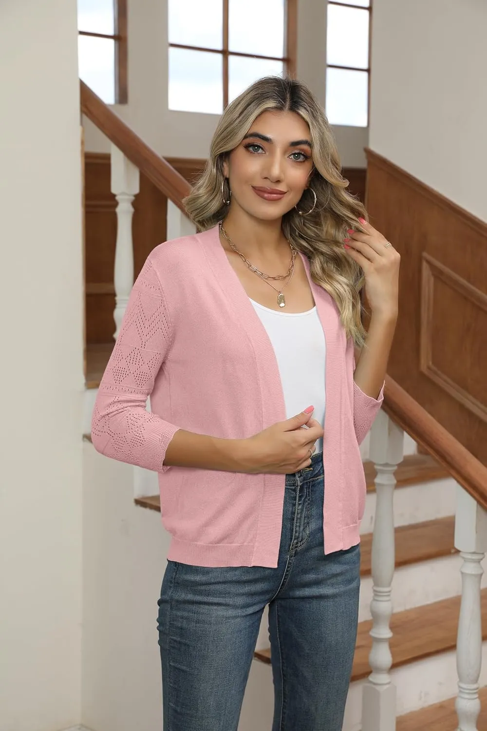 Women's Cropped Cardigans Shrugs for Dresses 3/4 Sleeve Lightweight Hollow Out Crochet Knit Sweater Tops