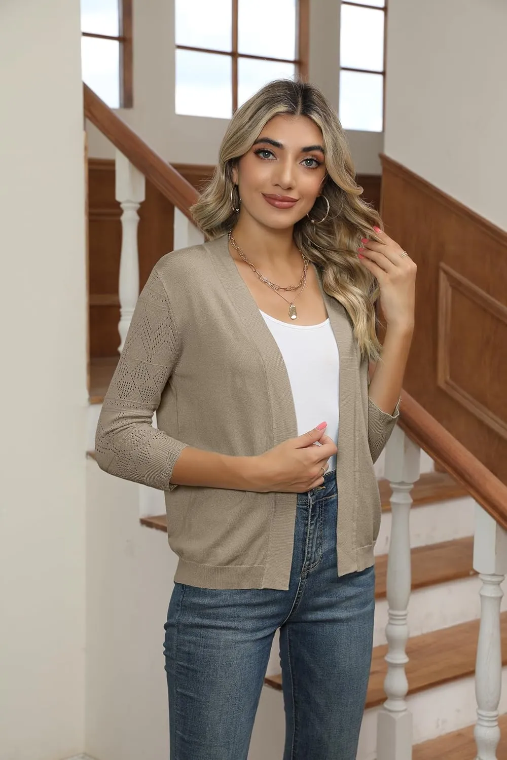 Women's Cropped Cardigans Shrugs for Dresses 3/4 Sleeve Lightweight Hollow Out Crochet Knit Sweater Tops