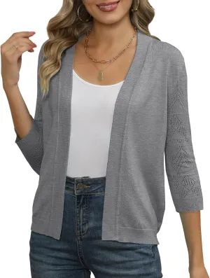 Women's Cropped Cardigans Shrugs for Dresses 3/4 Sleeve Lightweight Hollow Out Crochet Knit Sweater Tops