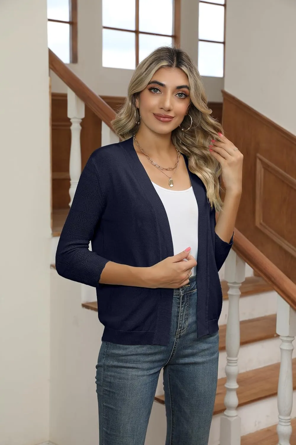 Women's Cropped Cardigans Shrugs for Dresses 3/4 Sleeve Lightweight Hollow Out Crochet Knit Sweater Tops
