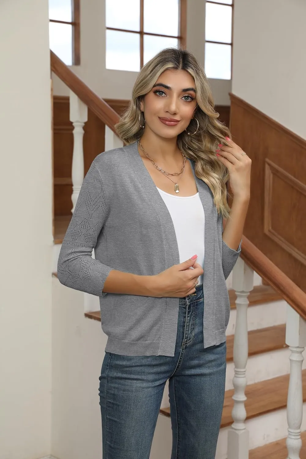 Women's Cropped Cardigans Shrugs for Dresses 3/4 Sleeve Lightweight Hollow Out Crochet Knit Sweater Tops